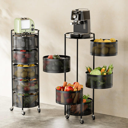 JAQ No Assembly 5-Tier Kitchen Storage Cart with Wheels, Rotating Produce Organizer for Onion, Potato & Vegetable Storage, Large Capacity Pantry Storage Rack, Black