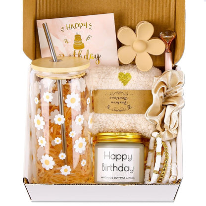DHQH Birthday Gifts for Teen, Cute Inspirational Gift Daisy Presents Set Ideas for Sister Daughter Friends, Happy Birthday Gift Basket with Ice Glass Cup for Her (Beige)