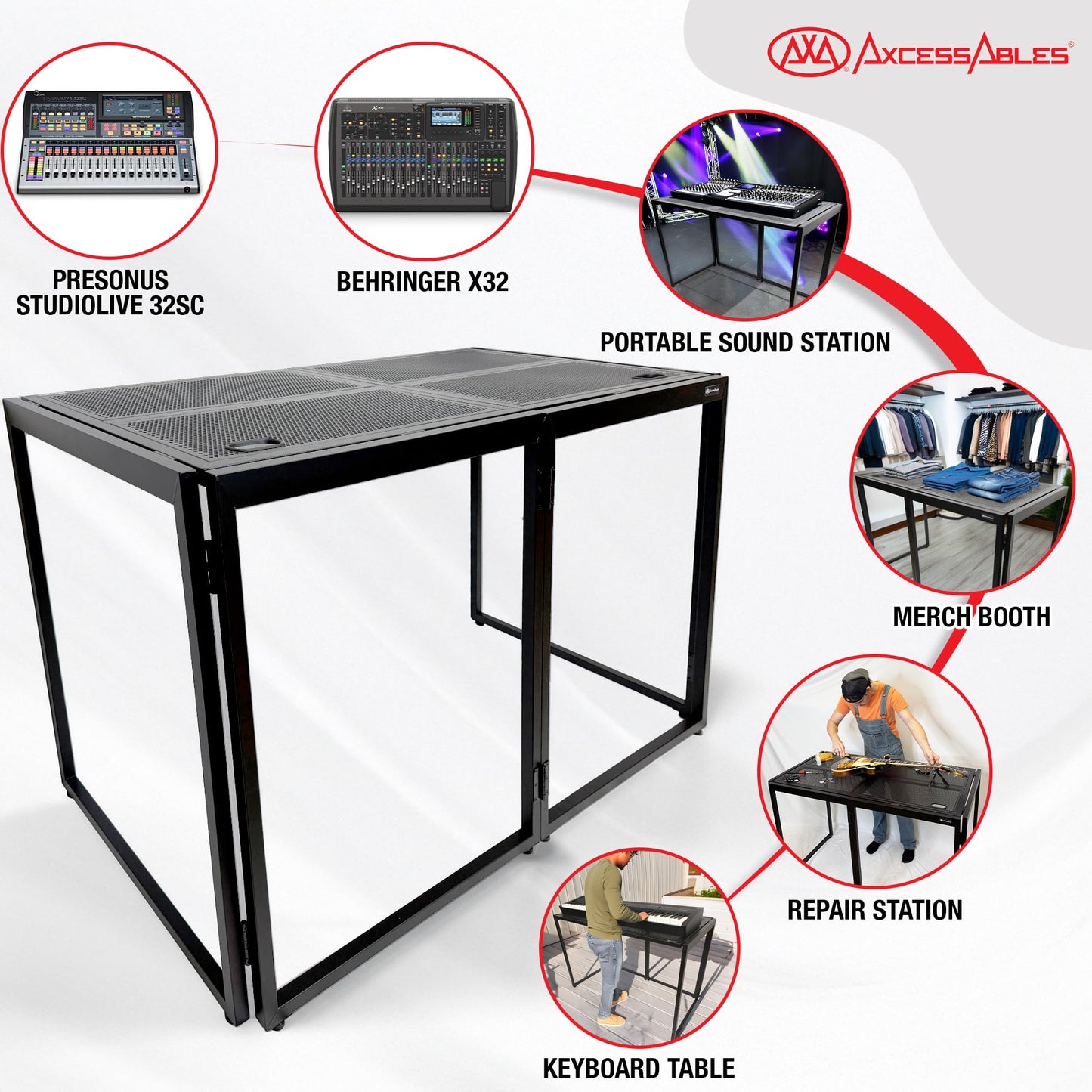 AxcessAbles Portable DJ Table XL – 54” x 27” Music Workstation | 35” Standing Height, 400lb Capacity | Collapsible FOH Sound Desk for DJs, Mixing Consoles, Guitar Techs| Recording Desk | DJ Booth