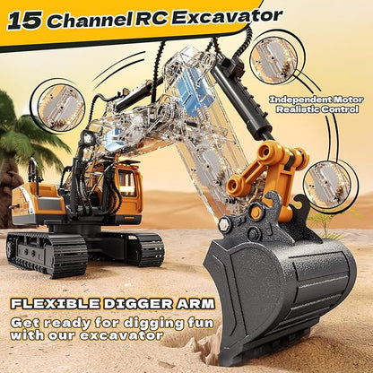 RC Excavator Toys for 3 4 5 6 7 8 Year Old Toddler Boys 15 Channel Remote Control Construction Toys W/Sandbox &amp 2.2 lb Sands Sandbox Toys W/Light &amp Sound Birthday Gift for Kids Boys Age 4-6