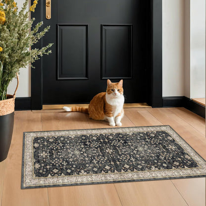 Skiennix Entryway Runner Rug - Non-Slip, Washable, Stain Resistant | Vintage Ashen Charcoal Floral Design (2x4 ft)
