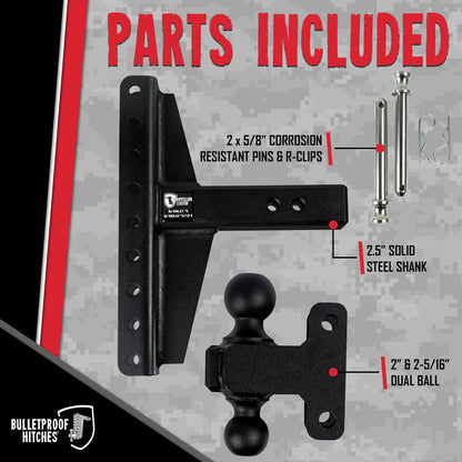 BulletProof Hitches - 2.5" Adjustable Heavy Duty Trailer Hitch (22,000 lb. Rating) - Offset 4" and 6" Drop/Rise Trailer Hitch with 2" & 2-5/16" Dual Ball Powder Coat, Solid Steel, Corrosion-Resistant