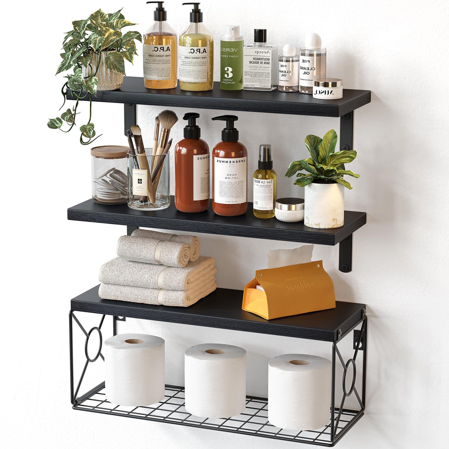 Amada Bathroom Shelves Over Toilet with Storage Basket, Floating Wall Shelves for Home Organization & Wall Decor, Bathroom/Kitchen/Living Room ShelvesBlack