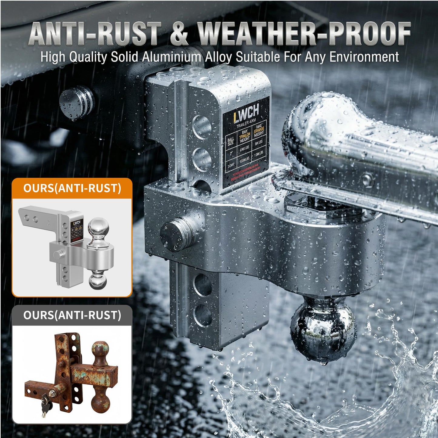 LWCH Adjustable Trailer Hitch, Fit 2 Inch Receiver, 12,500 LBS GTW, Heavy Duty Aluminium Drop Hitch with 2" & 2-5/16" Chrome Plated Steel Ball Mounts for Trucks, 6 Inch Drop/Rise, 2 Anti-Theft Pins