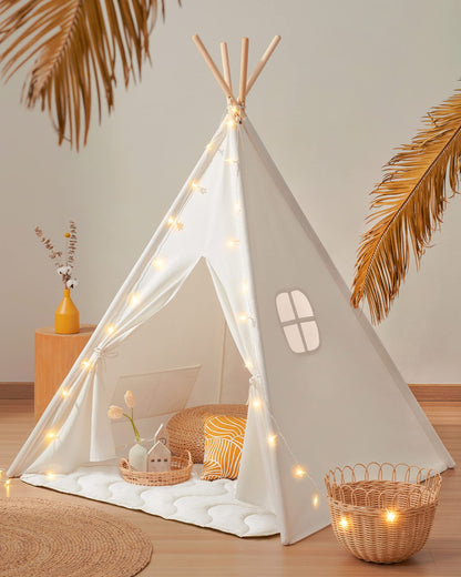 Tiny Land Teepee Tent for Kids – 100% Cotton Play Tent with Padded Mat & Star Lights, 3-in-1 Kids Play Tunnel with Ball Pit & Tent, Pop Up Crawl Tunnel for Toddlers