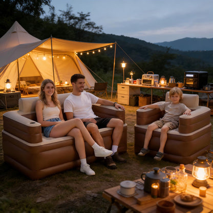 LANMOUNTAIN Inflatable Couch Set with Cup Holders & Pump, Velvety Air Sofa (1 Loveseat 60"x32"x34" & 1 Chair 41"x32"x34") for Camping & Home