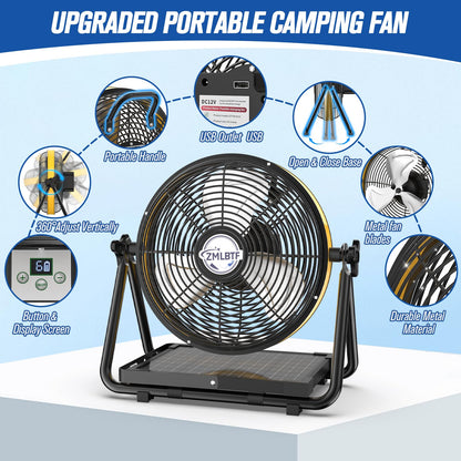 ZMLBTF Solar Fan with 10W Solar Panel, 10" Portable Camping Fan for Outside, Rechargeable Battery Powered, 2 Speed, 360° Tilt Head for Outside, Camping, Travel, Greenhouse (10 inch)