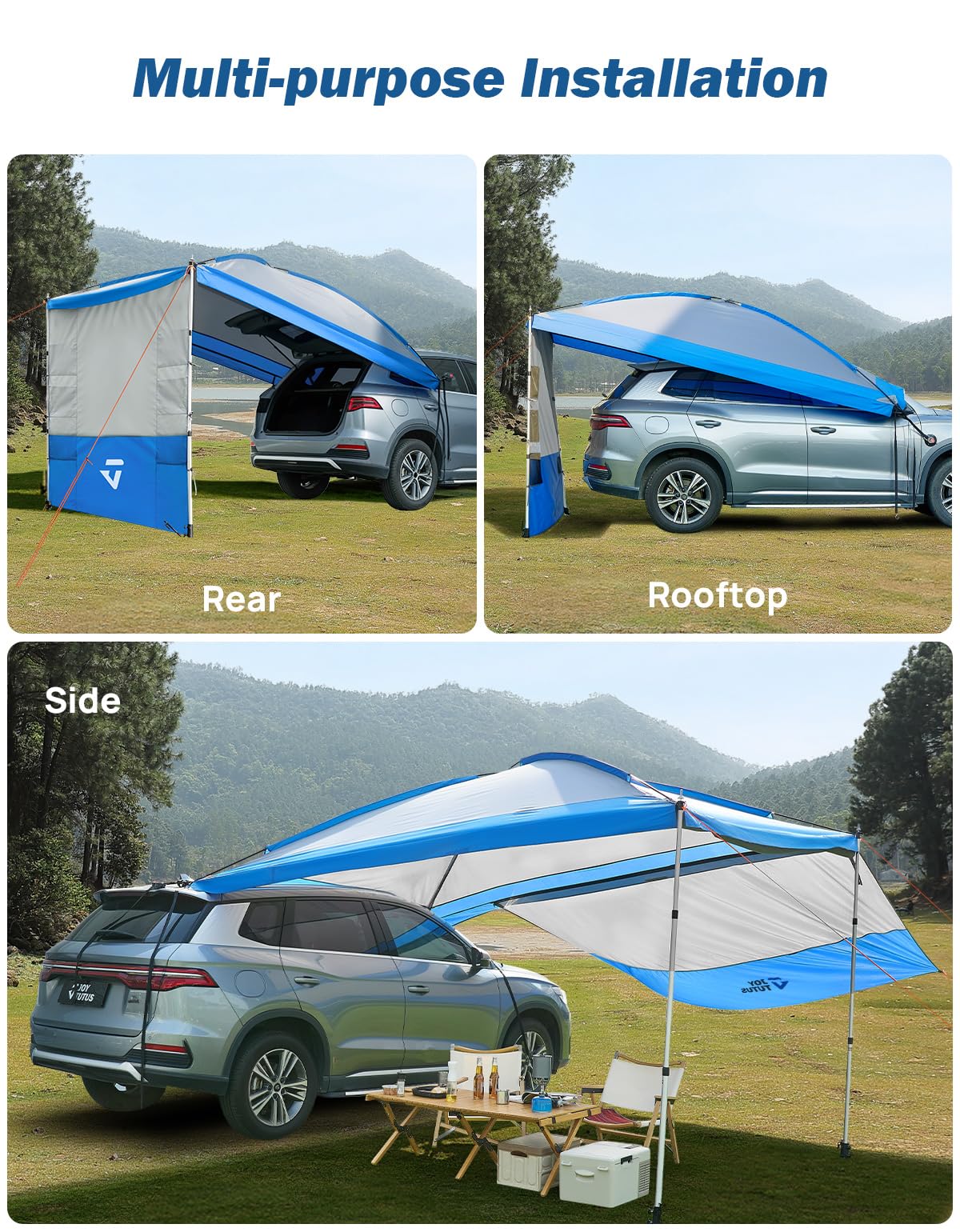 JOYTUTUS Versatile Vehicle Awning with 3 Removable Sides, Large Car Awning 11.5FT * 7.9FT, UV50+ and Waterproof PU2000mm Truck Canopy, SUV Camping Sunshade with 8 Storage Pockets, Gray Blue