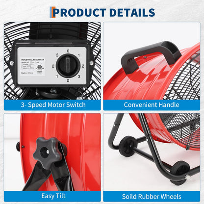Garvee Industrial Floor Fan 24 in, Heavy Duty Drum Fan with Adjustable 3 Speed 4800-8800 CFM Cooling, Metal Blades & 360° Rotation for Industrial Commercial Space, Garage, Warehouse, Workshop
