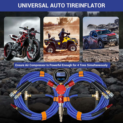FACFUEL 4 Tire Inflation System, Fits Up to 200" Wheelbase, Rapid High Flow 4 Way Tire Inflator with Hard Case, Lock-On Air Chucks Manifold, Digital Gauge, Portable Off Road Tire Deflator