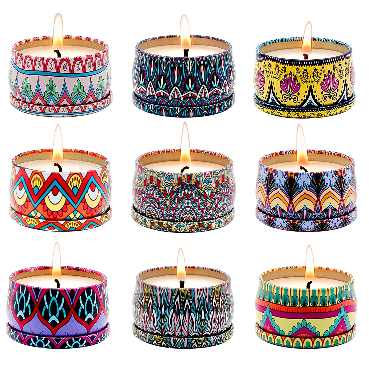 Bohemian Scented Candle for Christmas Thanksgiving Housewarming Gift, Set of 9 2.2oz Aromatherapy Candle for Stress Relief, Bohemian Tin Candle