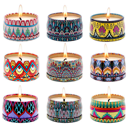 Bohemian Scented Candle for Christmas Thanksgiving Housewarming Gift, Set of 9 2.2oz Aromatherapy Candle for Stress Relief, Bohemian Tin Candle