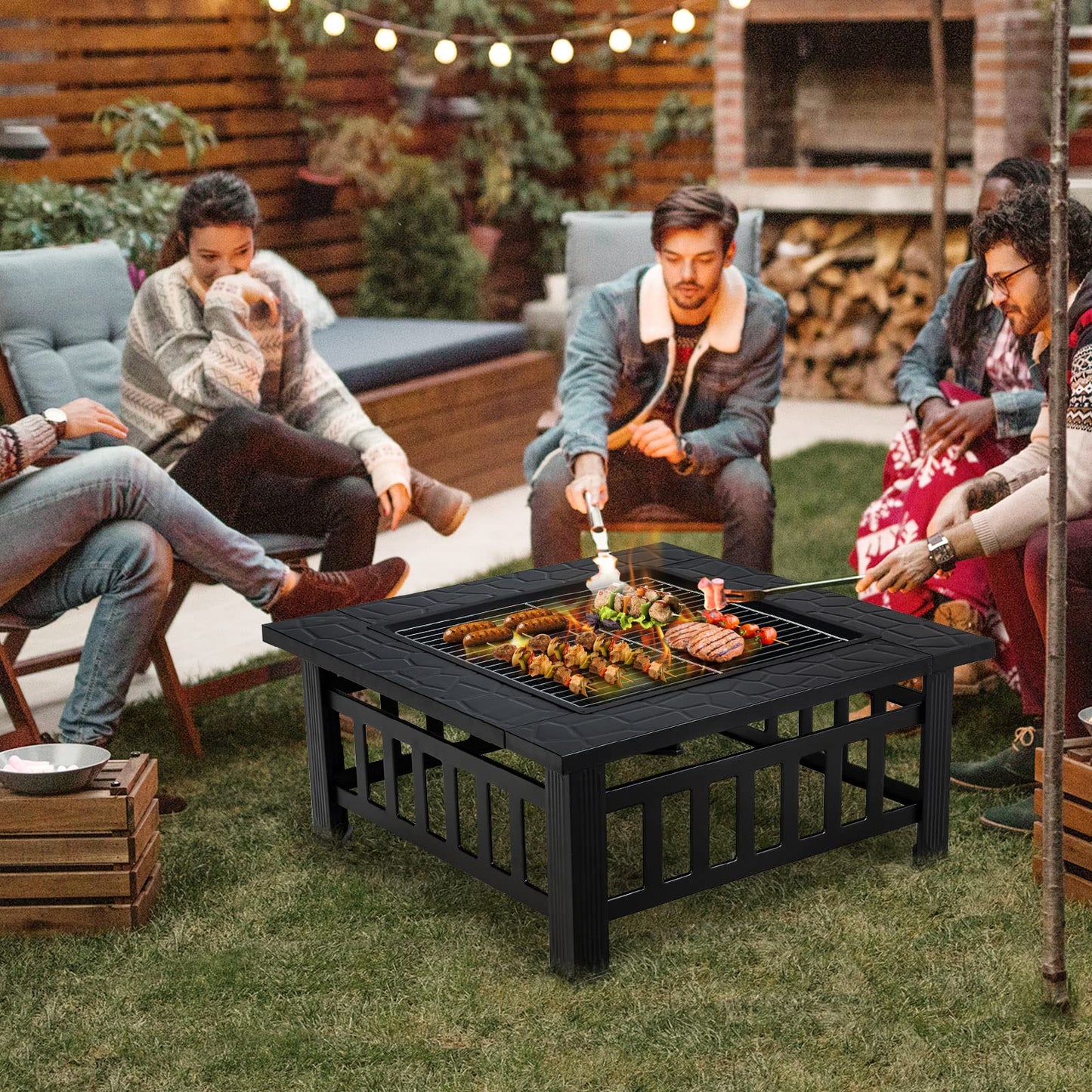 OFFICEJOY 32 inch Outdoor Fire Pit, 3 in 1 Bonfire Wood Burning Fire Pit Table with Spark Screen, BBQ Grill, Poker, Rain Cover, Log Grate, Metal Bonfire Stove Firepit for Outside Backyard Patio