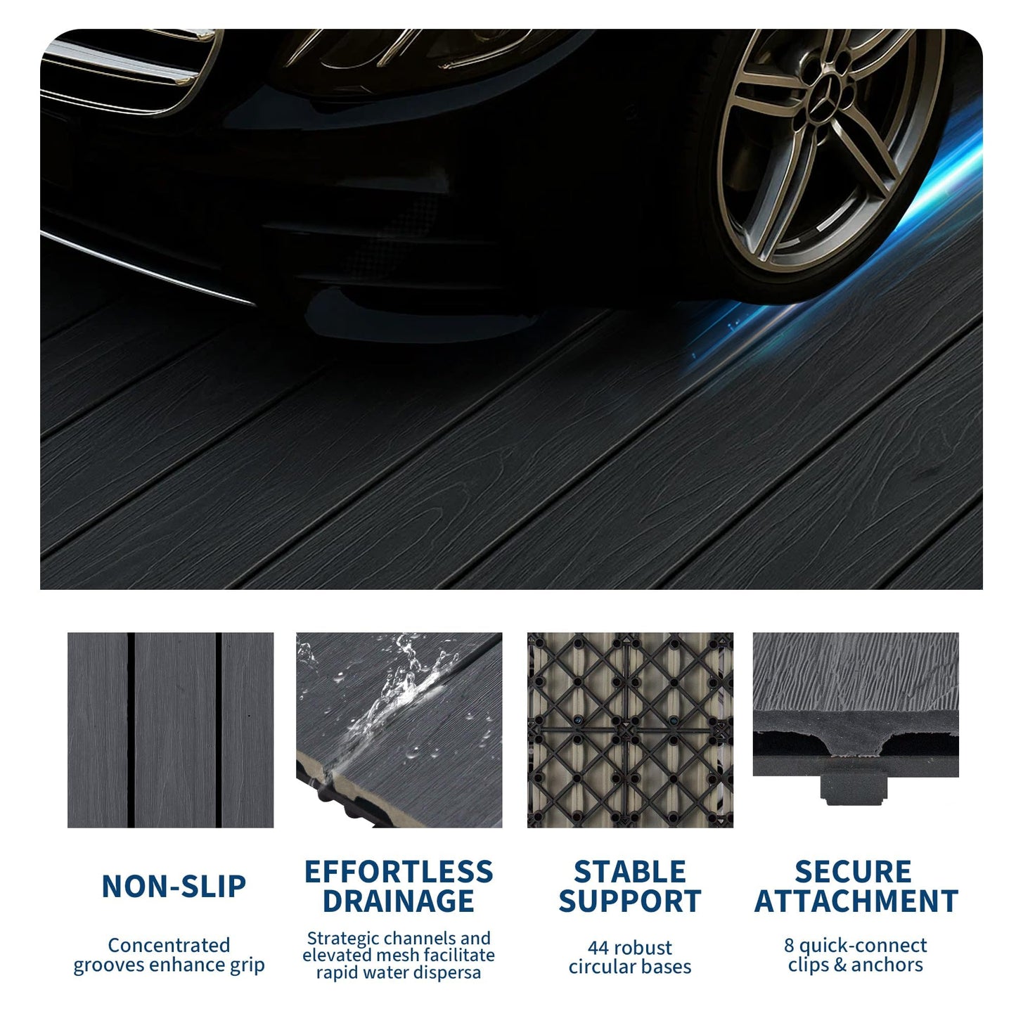 CABIHOME 27pcs 12"X12" Hardwood Interlocking Patio Deck Tiles, Waterproof Composite Wood Patio Flooring Tiles, All-Weather Snap-Together Tiles for Garden Poolside Balcony Porch, Grey