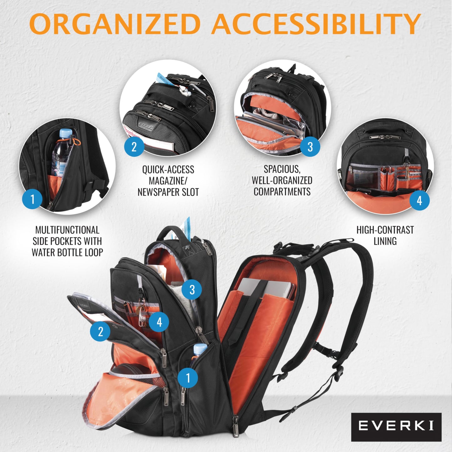 EVERKI Atlas Business Laptop Backpack (EKP121S15) with Orange Accessory Pouch & Rain Cover - Men's Backpack with 11"-15.6" Compartment, 29.5L Capacity - Travel-Friendly Backpack, Pouch & Cover Bundle