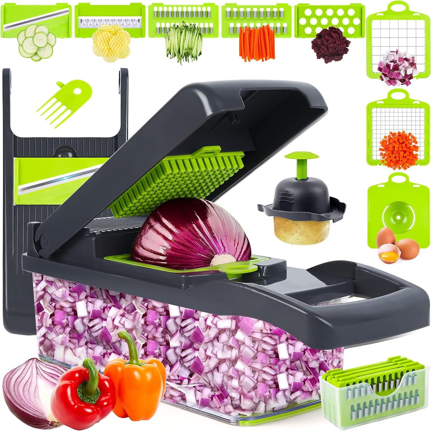Skiennix Vegetable Chopper Mandoline Slicer - 10-in-1 Multifunctional Kitchen Gadget | Gray/Green