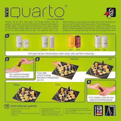 Quarto Mini | Mensa Select Winner | Travel-Friendly Version of The Wooden Abstract Strategy Game for Kids &amp Adults | Family Game Night Favorite | Ages 8+ | 2 Players | 15 Min