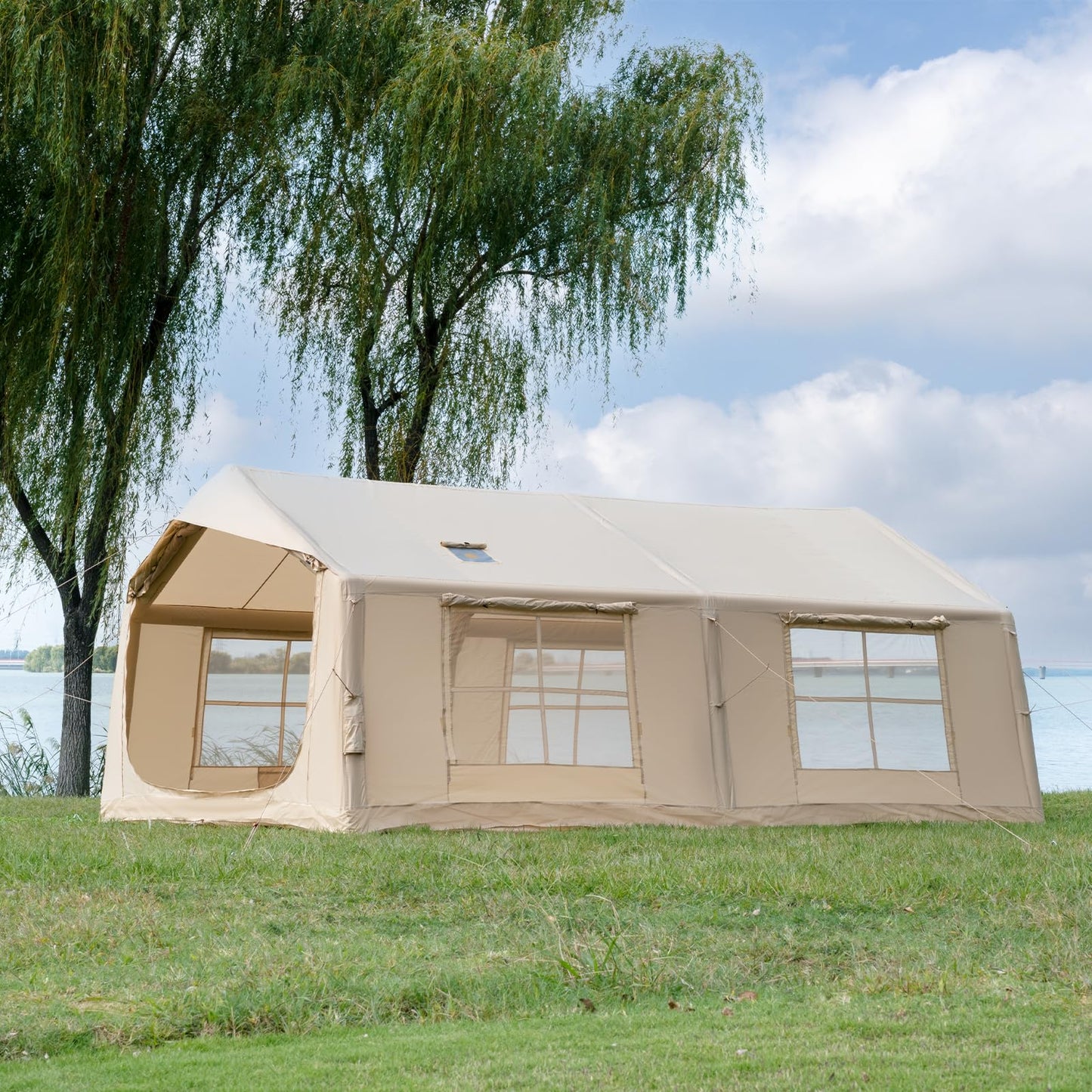 Inflatable Tent for Camping with Rainfly, 8-12 Person Easy Setup Air Tent with 2 Rooms & Hand Pump, 4 Season Glamping Tent with Stove Jack, Large Family House Tent for Outdoor Camping