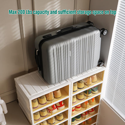 Beeveer 8-Tier Foldable Shoes Rack Organizer Clear Plastic Shoes Rack for Closet Shelf Collapsible Large Storage Box Stackable Easy Assembly Shoe Cabinet with Lids and Door(for 32 Pairs)
