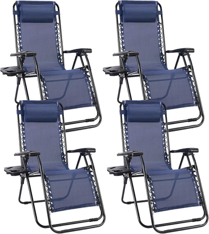 Sweetcrispy Zero Gravity Chairs - Set of 4 Portable Folding Recliners with Cup Holders & Adjustable Pillows | Blue
