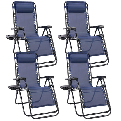 Sweetcrispy Zero Gravity Chairs, Set of 4 Portable Recliner Beach Camping Patio Outdoor Folding Lounge Chair with Cup Holder Trays and Adjustable Pillow for Poolside, Garden, Backyard, Lawn, Blue