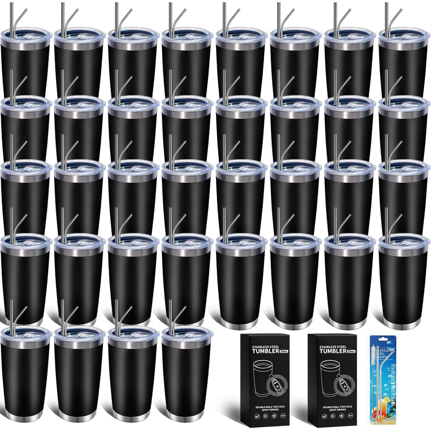 HAOLI 36 Pack, 20oz Stainless Steel Bulk Tumblers with Lids and Straws, Leakproof Double Wall Travel Mug for Hot/Cold Drinks, Home Office Outdoor Party, Durable Powder Coated Insulated Cup/Black