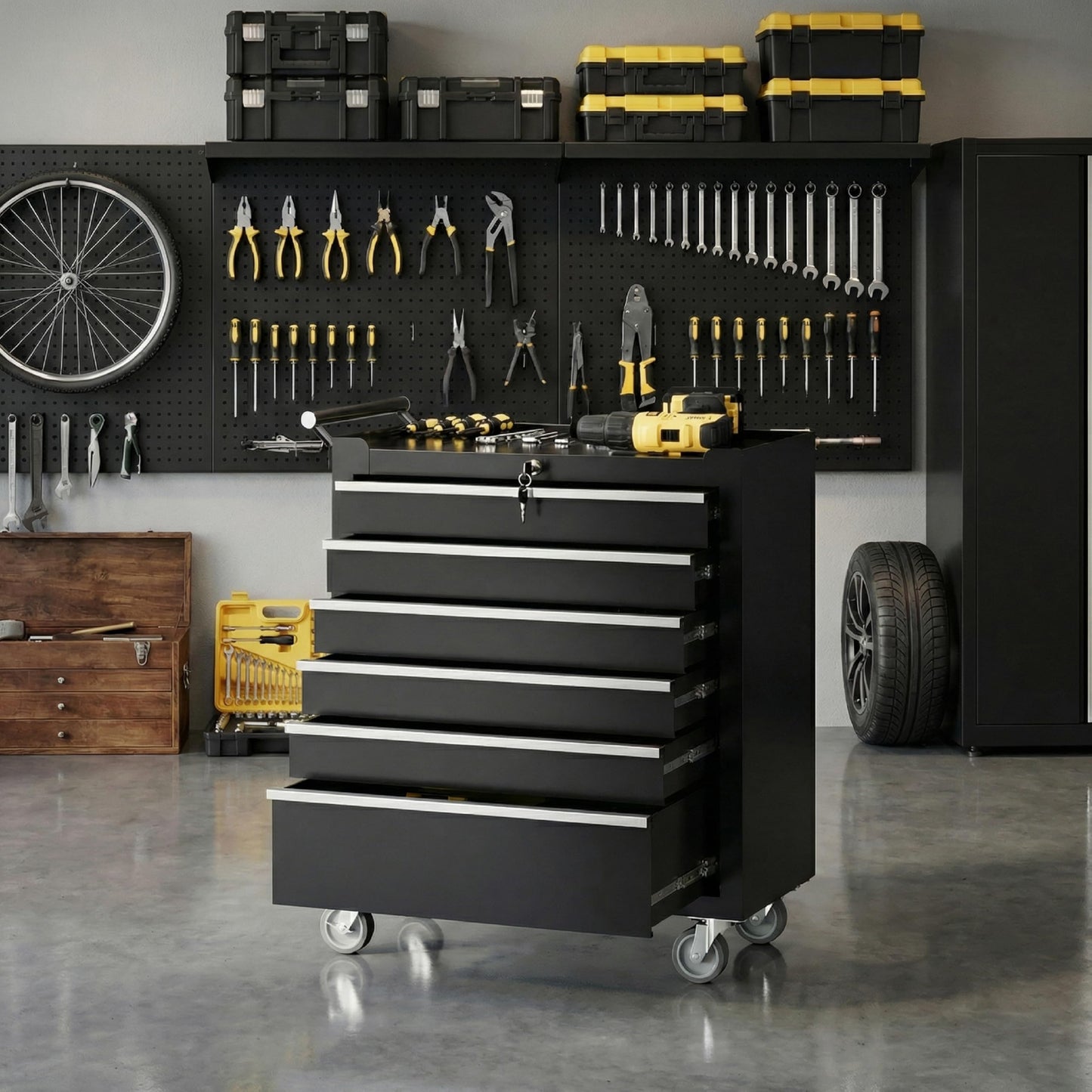 PeakPursuit 6-Drawers Rolling Tool Chest, Portable Tool Box with Wheels and Lock System, Secure Storage Cabinet for Warehouse, Workshop, and Repair Shop, Black