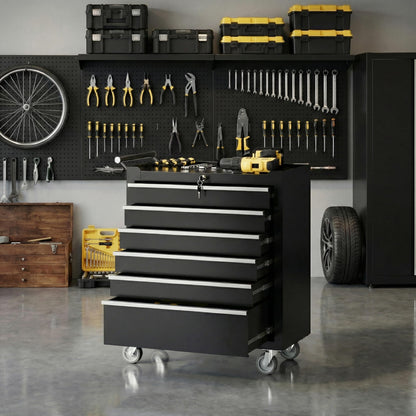 PeakPursuit 6-Drawers Rolling Tool Chest, Portable Tool Box with Wheels and Lock System, Secure Storage Cabinet for Warehouse, Workshop, and Repair Shop, Black