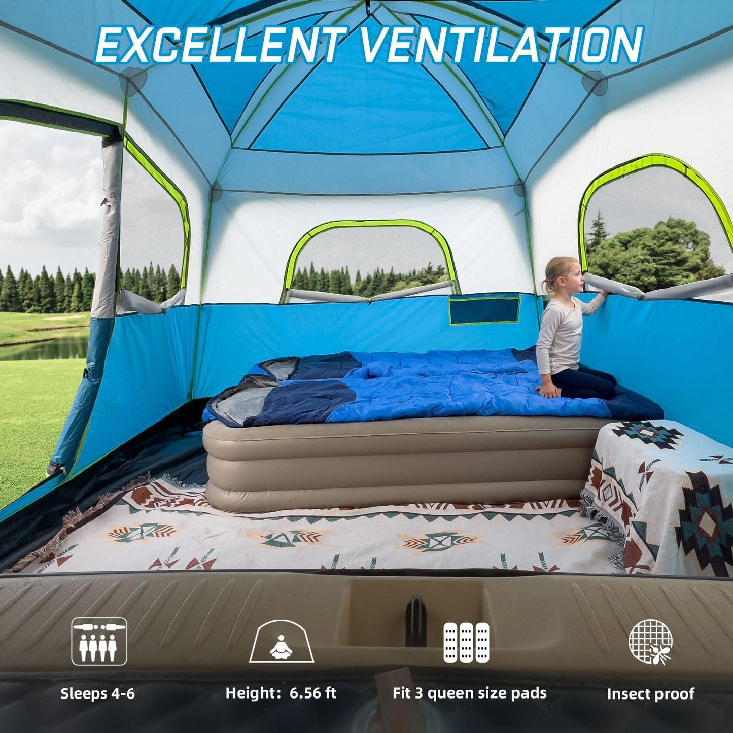 JELUCAMP SUV Tents for Camping 6 Person Waterproof, Car Family Camping Tent with Tailgate Attachment for SUV, Jeep, Truck with Cap, Easy Setup Large Tent for Outdoor Camping, Blue