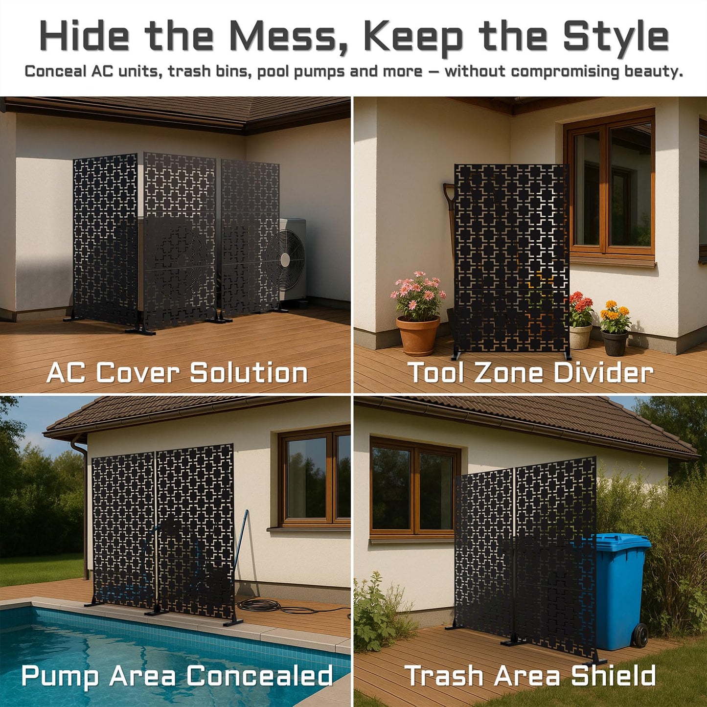 72" Metal Privacy Screen Freestanding Outdoor Room Divider Decorative Laser Cut Fence Panel, Weatherproof Patio Privacy Fence for Garden, Balcony, Backyard Landscape