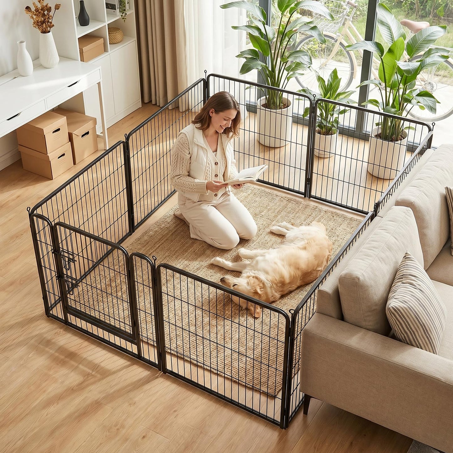MAKE CHANGES Metal Dog Playpen - 32" Height 8 Panels Foldable Exercise Pen for Dogs Indoor/Outdoor Pen with Door for Pet Animals Portable Pet Playpen Polygon Dog Enclosure (Black)