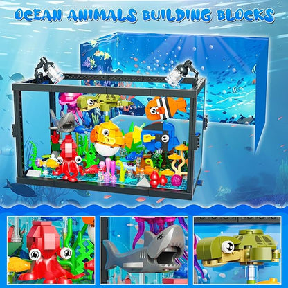 8 in 1 Aquarium Building Sets with Light Compatible with Lego Fish Tank Building Kits Including Sharks Turtles Octopus Sea Animal Party Favor Toys for Boys Girls Kids Aged 8-12 640PCS