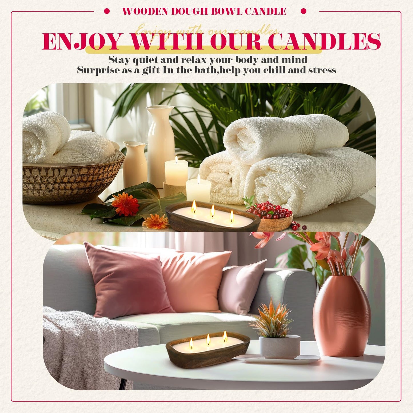 Threlaco 2 Pack Wood Dough Bowl Candle Jar Candle Decorative with Wick Scented Candles Soy Gifts for Men Women Farmhouse Table Centerpiece Home(Cranberry)