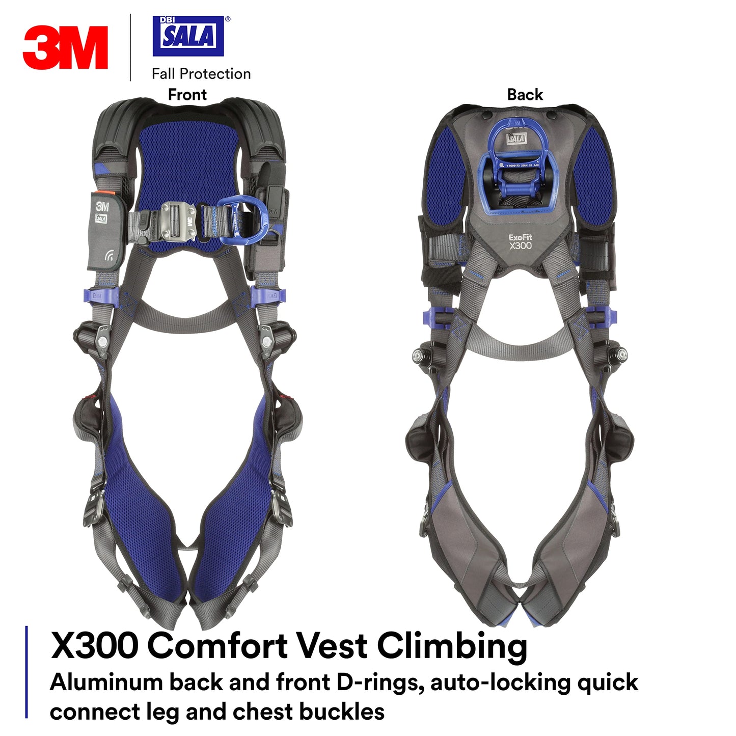 3M 113052 DBI-SALA ExoFit X300 Comfort Vest Positioning Safety Harness Fall Protection, OSHA, ANSI, General Industry, Aluminum Back and Hip D-Ring, Auto-Locking Quick Connect Leg and Chest Buckles, L