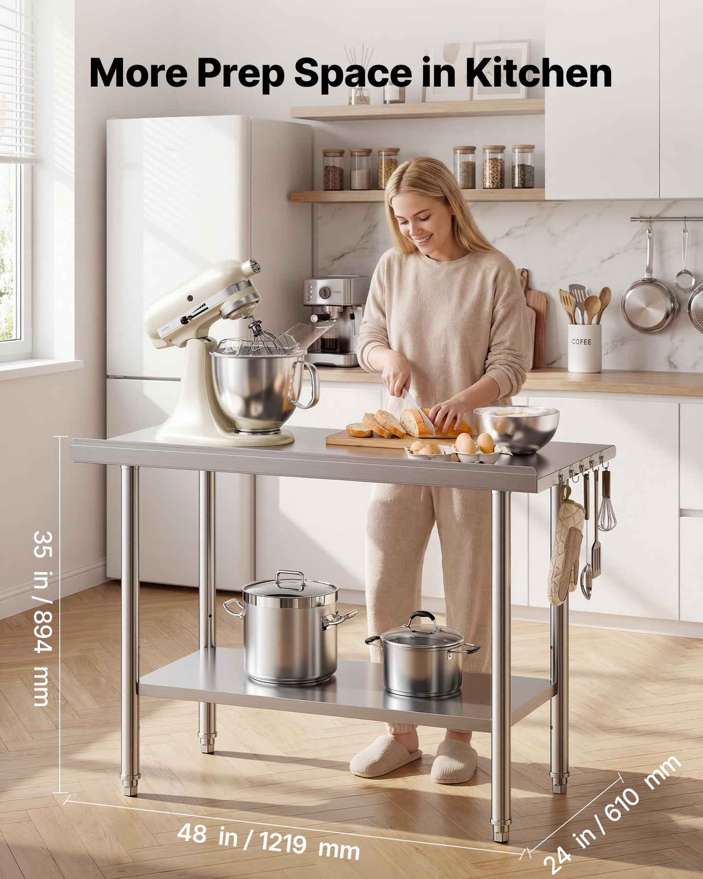 VEVOR Stainless Steel Work Table, 24x48 inch Food Prep Table with Wheels, Commercial Kitchen Workstation with Adjustable Undershelf, Metal Heavy Duty Utility Worktable, for Restaurant Home Outdoor