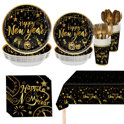 KatchOn, Happy New Year Plates Cups and Napkins Set - Serves 25 Guest | New Years Eve Party Supplies for New Years Decorations 2026 | Happy New Year Tableware for Nye Decorations 2026