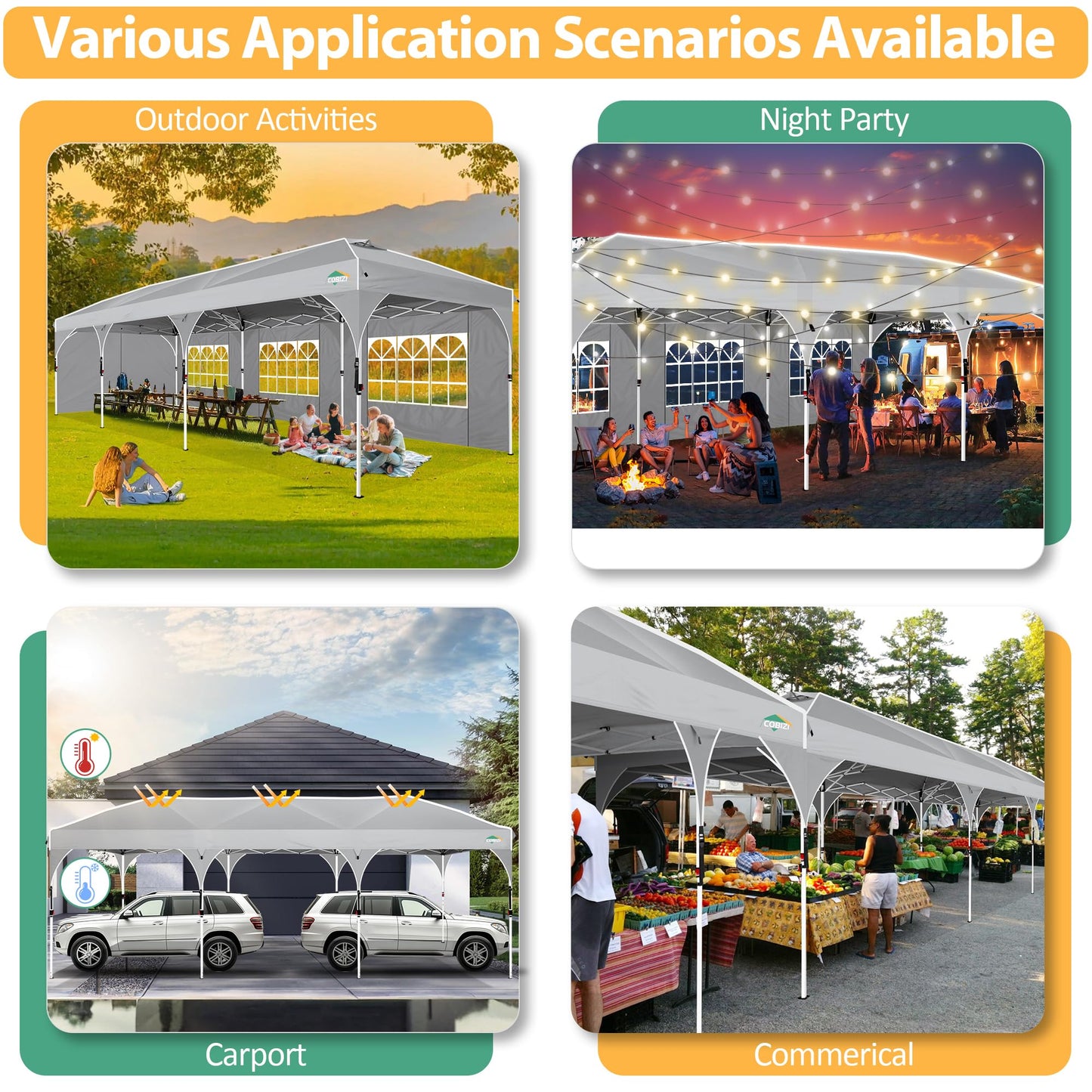 COBIZI 10x30 Party Tent: 10x30 Pop Up Canopy with Wheeled Bag - Tents for Parties with Patented Center-Lock Tech, 420D Waterproof Fabric, Easy Setup Canopy Tent with Removable Sidewalls, (Gray)