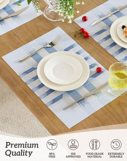 Leetaltree Geometric Print Blue Placemats Set of 4 - Heat Resistant Non-Slip Place mats for Dining Table, Washable Durable PVC Vinyl Woven Table Mats (Geometric Blue, 4)