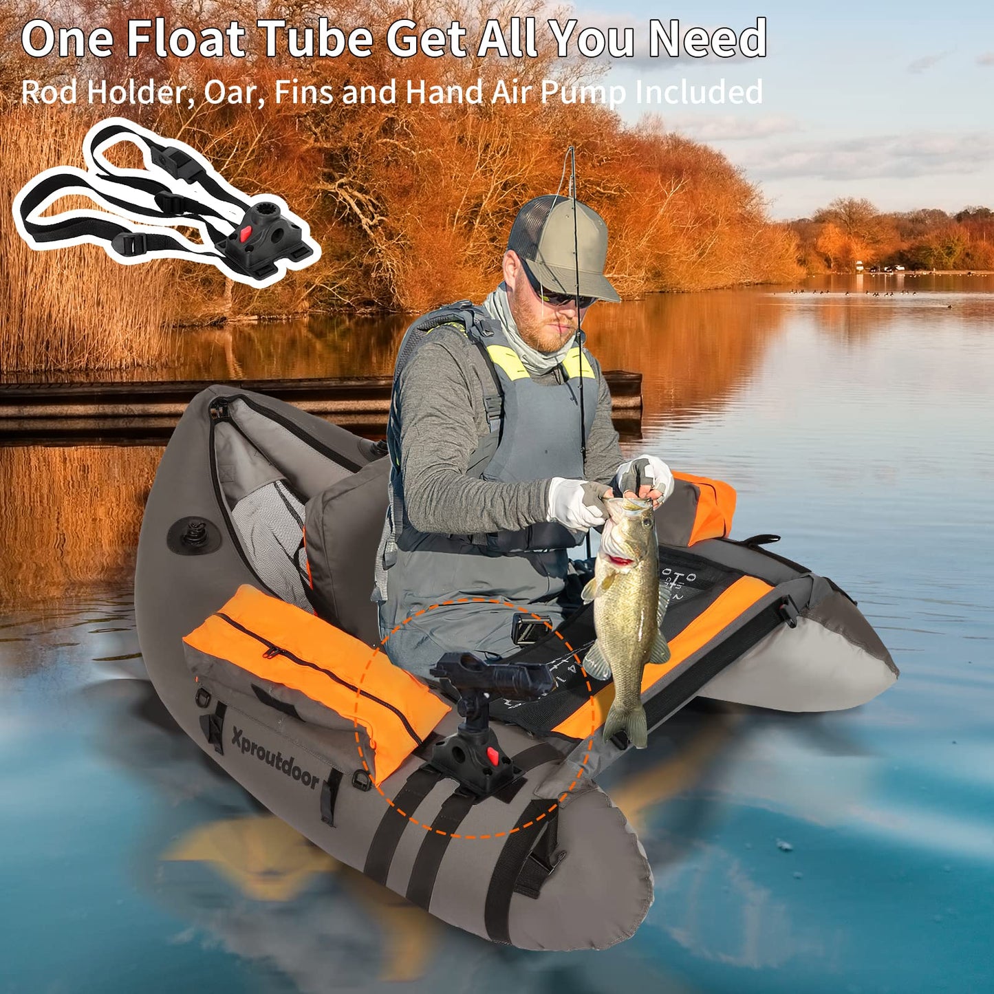 Xproutdoor Fishing Float Tube with Adjustable Backpack Straps, Storage Pockets, Fish Ruler, Fly Fishing Boat with Pump, Oar, Rod Holder and Mount, Fins, 350LBS Load Bearing Capacity, FT003,Grey