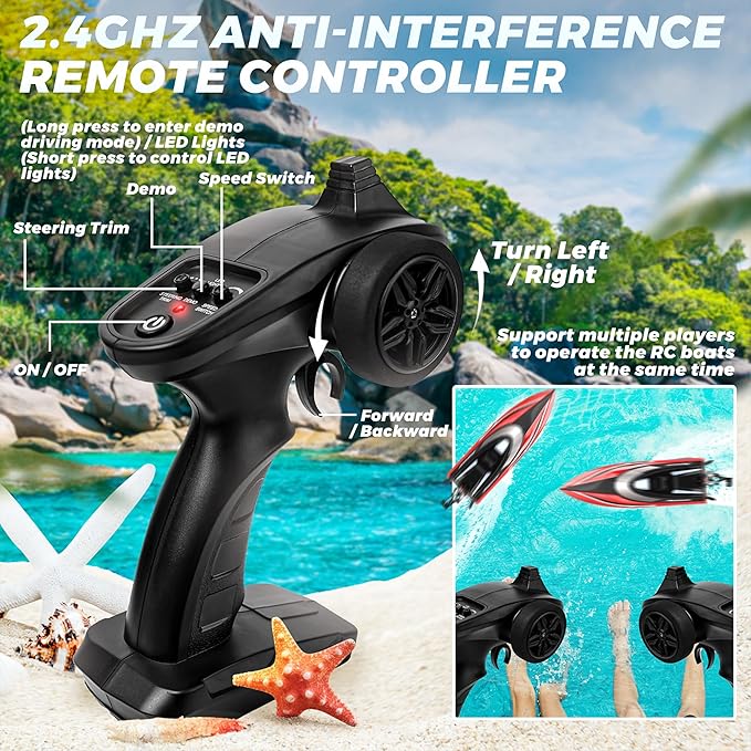 BEZGAR RC Boat 14 inch Remote Control Boat - Self-righting 40 Min Dual-Battery 32 KPH Fast RC Boats for Kids &amp Adults with LED Lights for Pool Lake Ocean Waterproof &amp Suitcase - Red