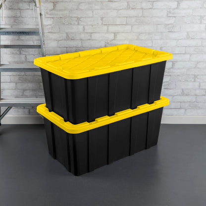 Sterilite 38 Gal Industrial Tote, Stackable Storage Bin with Snap-Fit Lid for Garage, Basement & Attic Storage, Black Base and Yellow Lily Lid, 4-Pack