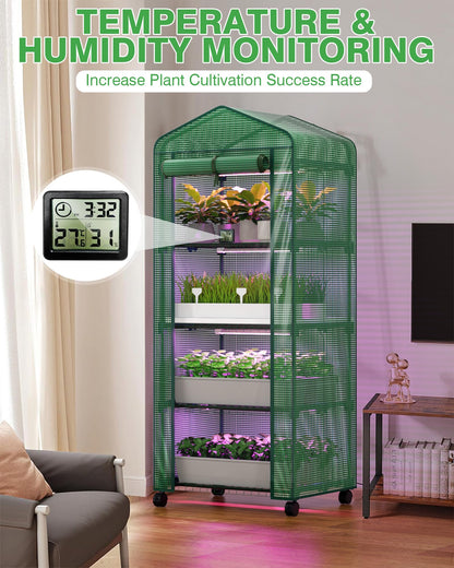 PYY Mini Indoor Greenhouse with Grow Light - Small Portable Outdoor Plant Green House Cabinet with Wheels, Thermometer, PE Tent Cover, 4 Dimmable 3 Color 2FT 36W LED Kit, 4 Tier Gardening Shelves