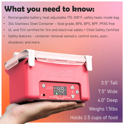 LunchEAZE JR Junior Kids Electric Lunch Box, Cordless Battery Powered Food Warmer for School, Child Safety Certified & BPA-Free, Automatic Self-Heating Container with Insulated Bag, 600mL (Purple)