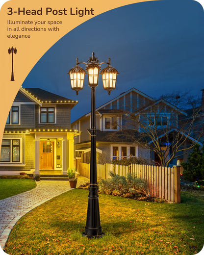 EDISHINE 3-Head Outdoor Lamp Post Light, Aluminum, Extra Large, Black and Gold, Model HOPL05A