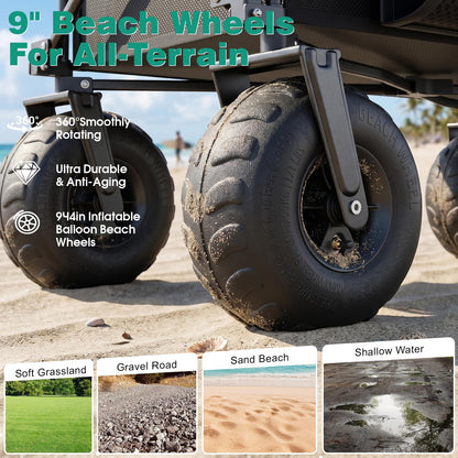 SUNNYFEEL Beach Wagon with Big Wheels for Sand, 550LBS Heavy Duty, 300L Foldable Beach Cart with 9" Balloon Wheels, Collapsible Wagon Cart with Adjustable Handle for Camping, Garden, Outdoor, Black