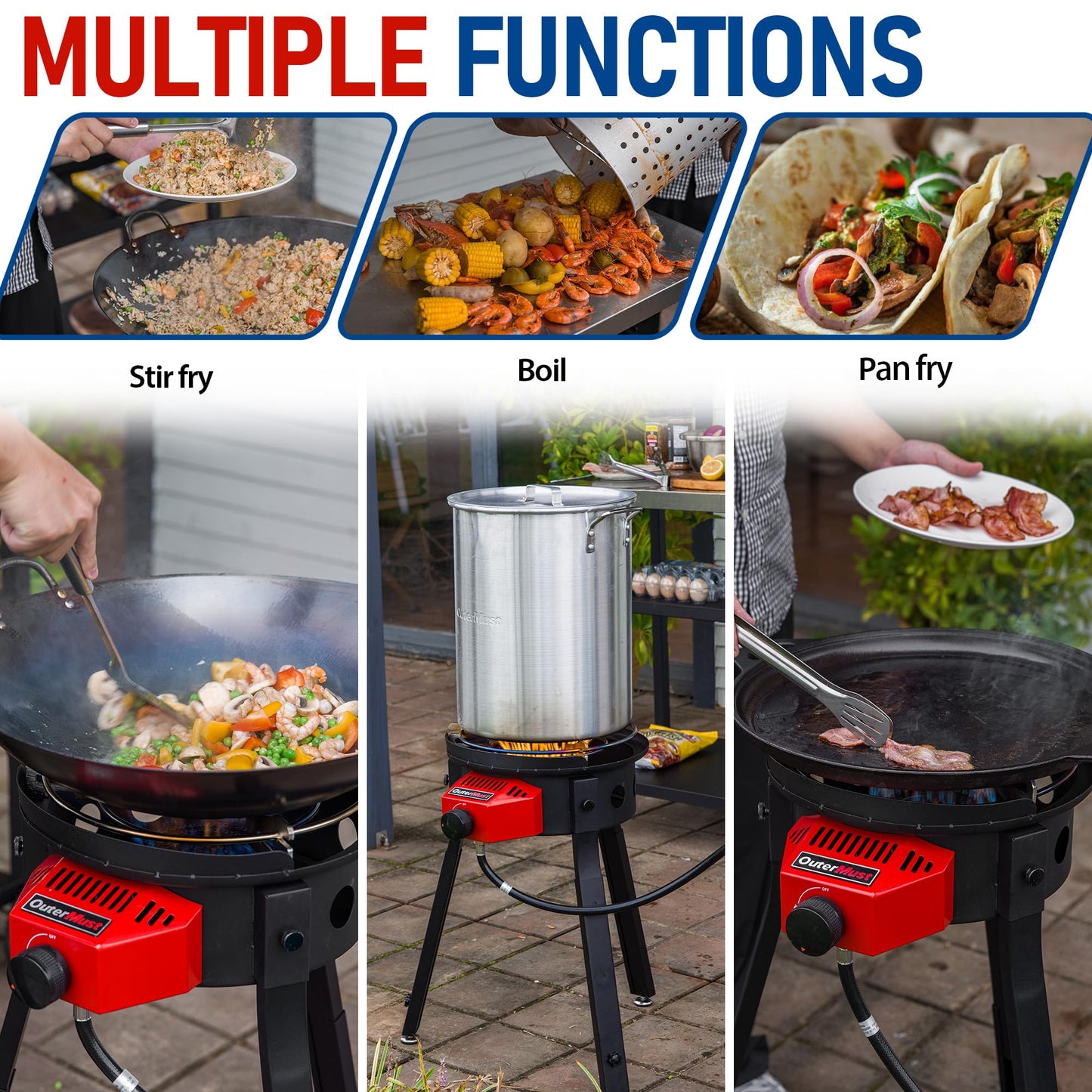 Outdoor Cooker with Iron Wok and Propane Burner, 54,000 BTU High-Pressure Gas Stove with Electronic Ignition & Adjustable Support Stand for Backyard BBQ, Tailgating, Outdoor Cooking
