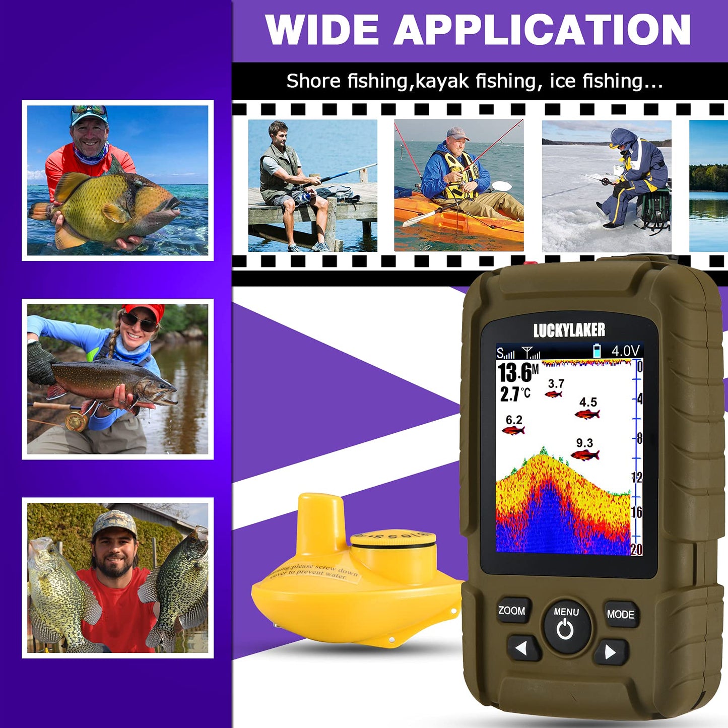 LUCKYLAKER Wireless Handheld Fish Finder Boat Portable Waterproof Depth Finder Display Transducer Kayak Fish Finders Sea Sonar Ice Fishing