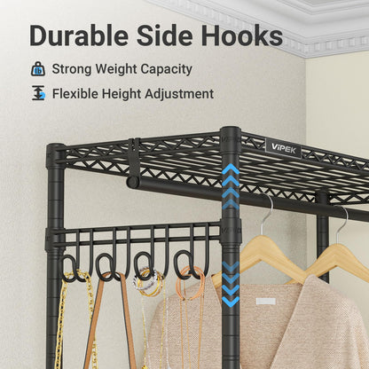 VIPEK R3 Heavy Duty Garment Rack with Lockable Wheels, Portable Rolling Closet with Adjustable Shelves & Hanging Rod & Side Hooks, Compact Space-Saving Storage for Small Apartments/Dorms (Black)