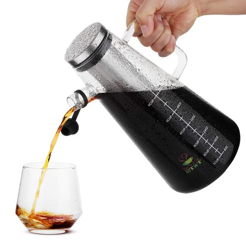 BTaT- Airtight Cold Brew Iced Coffee Maker Pitcher, 2 Liter/ 64 oz, Iced Tea Maker with Spout, Brewing Glass Carafe with Removable Stainless Steel Filter