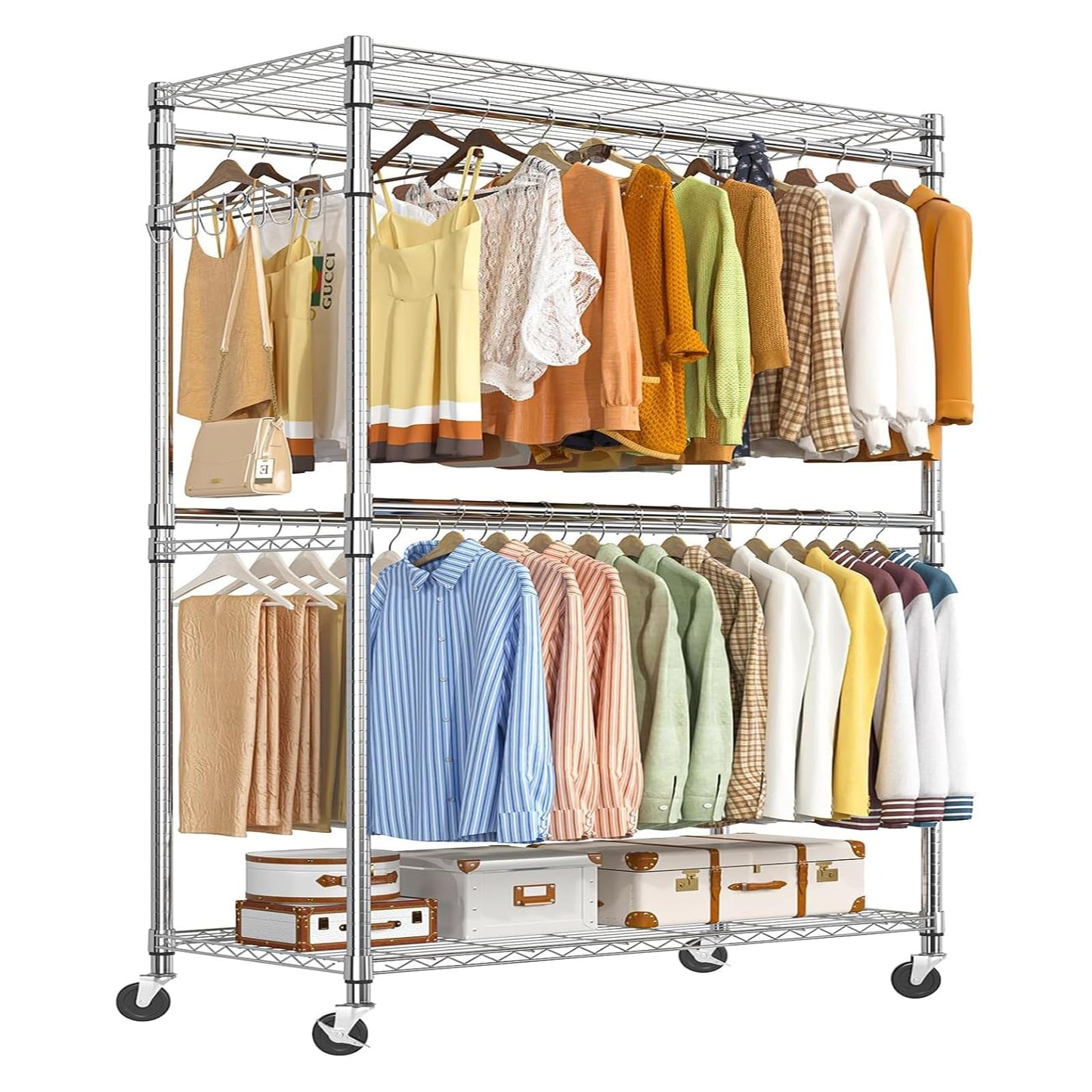 Simple Trending Heavy Duty Clothes Rack Clothing Rack with Wheels and 4 Hanging Rods, Adjustable Rolling Garment Racks, Load 560 LBS, Chrome